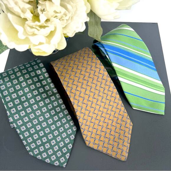 Set of 3 Silk Green, Gold, & Blue Men's Ties - Brooks Brothers & Michael Kors - Picture 1 of 5